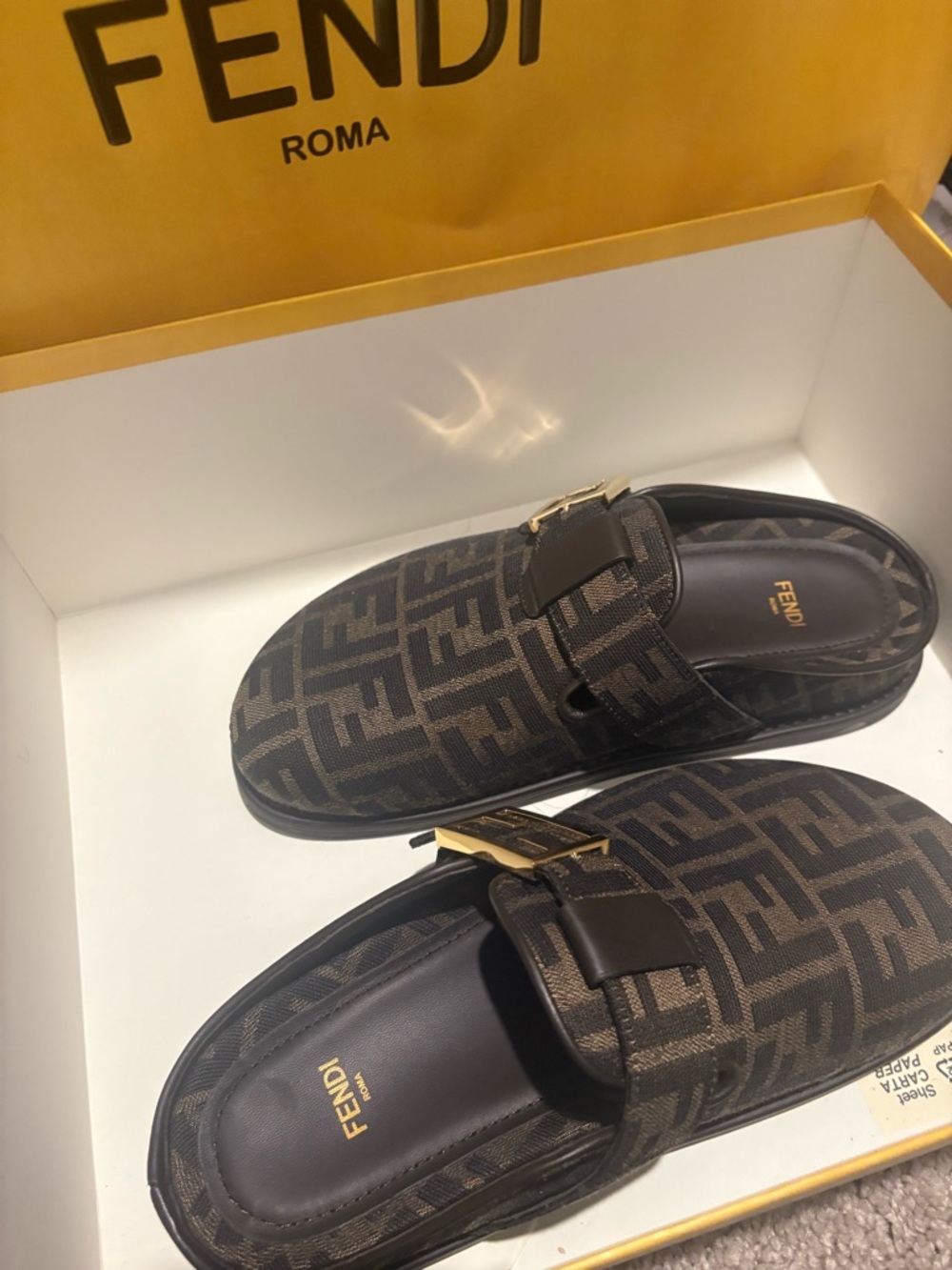 Fendi Brown & Black FF Logo Buckle Slip-On Mules - Picture 2 of 4